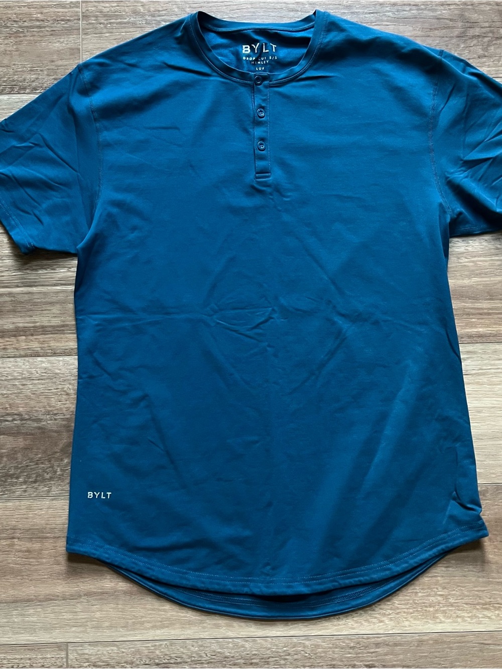 BYLT Basics Dark Teal Blue Short Sleeve drop cut s/s Henley lux men’s large